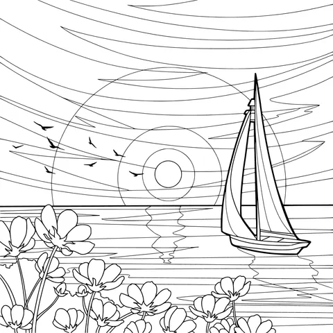 Sunset Sea View with Sailboat