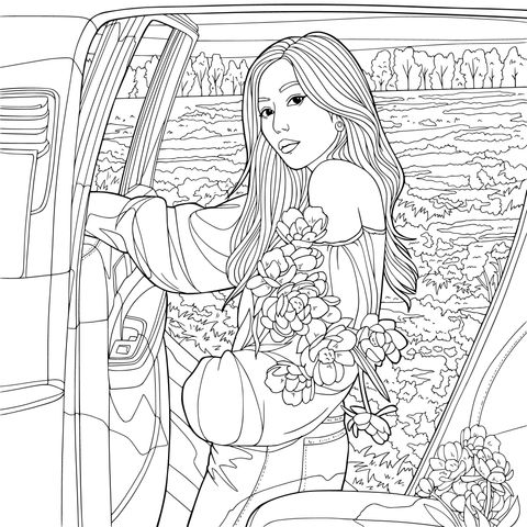 车中捧花的女子