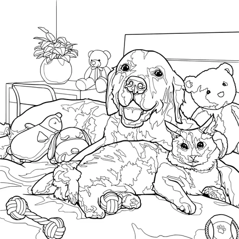 A cat and a dog with plush toys on the bed