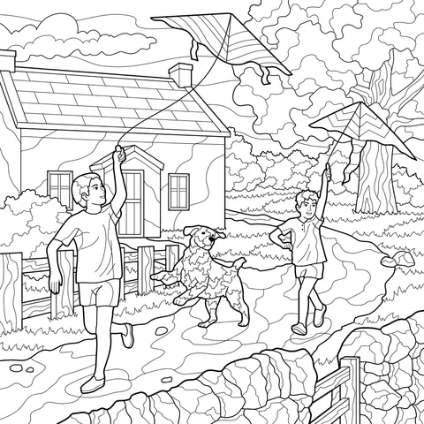 Children flying kites with a dog in the countryside