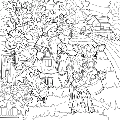 Girl accompanied by a calf and flowers in the countryside