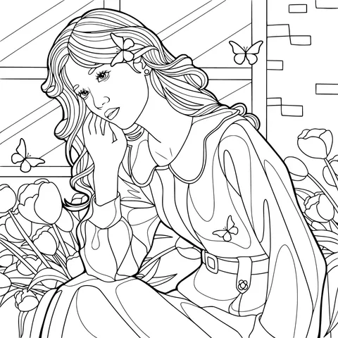 Thoughtful Woman among Flowers