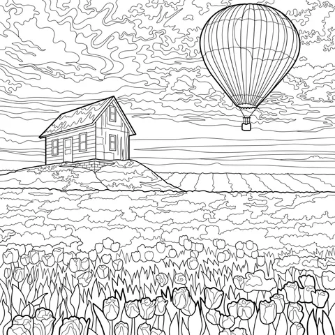 Cottage and Hot - air Balloon over the Field