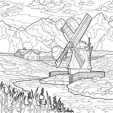 Rural Scenery with Windmill in the Mountains