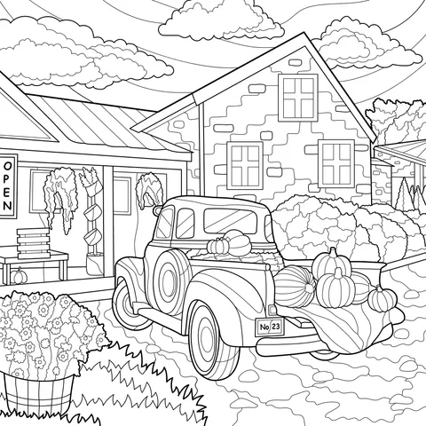 Truck carrying pumpkins beside a rural store