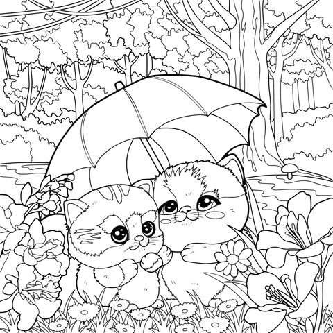 花丛中撑伞的两只猫咪