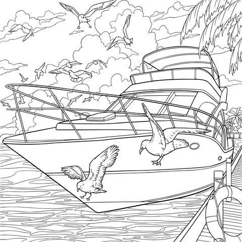 Yacht and Seagulls at the Dock