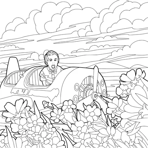 A Young Airplane Pilot in the Flower - filled Field