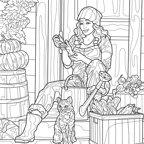 Gardening Lady and Cat Sitting in Front of the Door