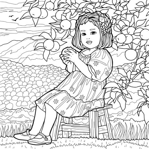 坐在苹果树下的小女孩