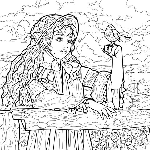与小鸟互动的少女