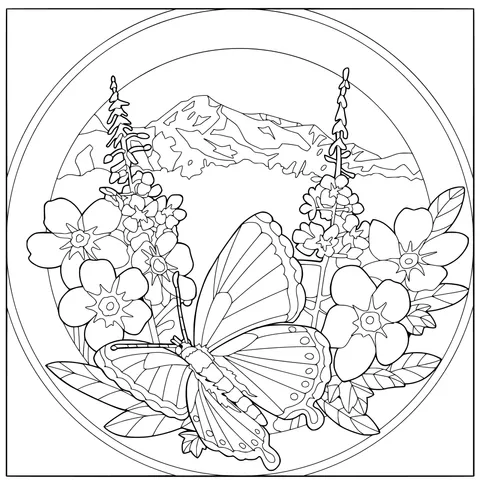 Butterfly in the Flower - bed and Distant Mountain Beauty