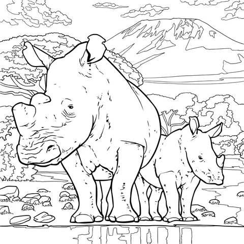 Mother - rhino and calf on the grassland