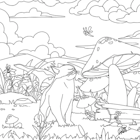 Cat in a Fantasy Mushroom Garden
