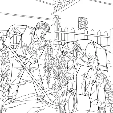 Two people planting trees together