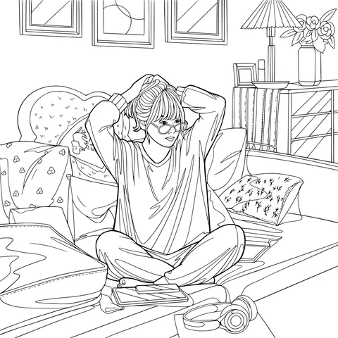 A thinker sitting on the bed