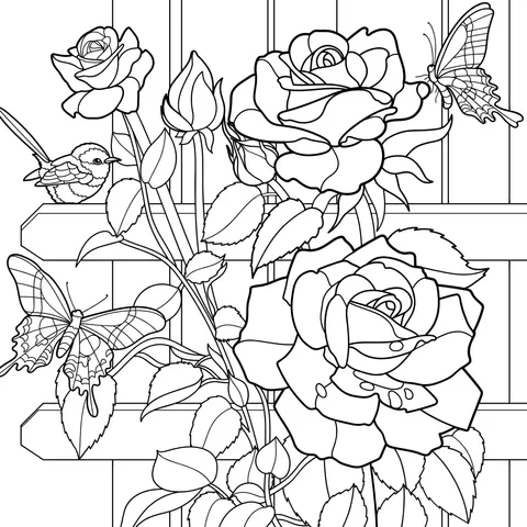 Roses, Butterflies and Birds by the Fence