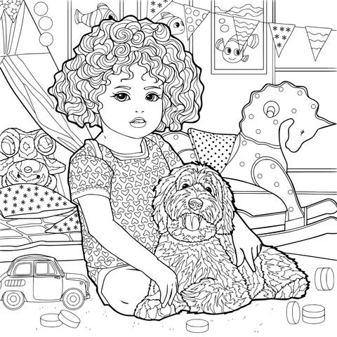 Little Girl and Her Pet Dog in a Playful Room