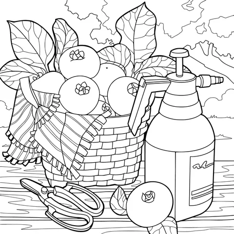 Basket Filled with Loquats and Gardening Tools