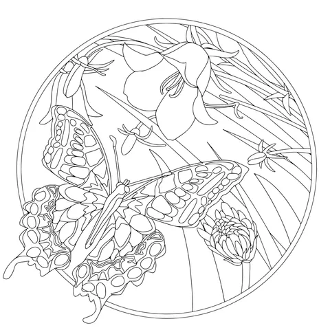 Butterfly and Flowers in a Circular Scene