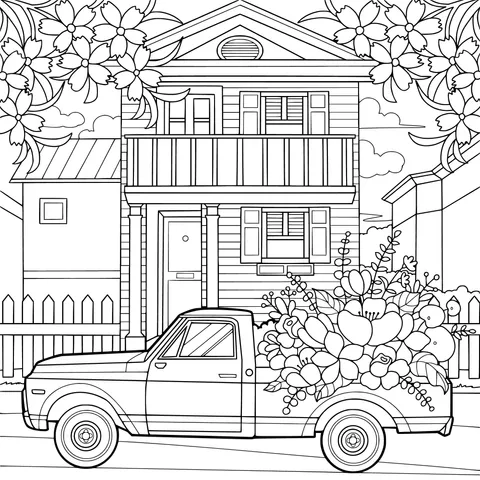Pink Pickup Truck Loaded with Flowers and a House