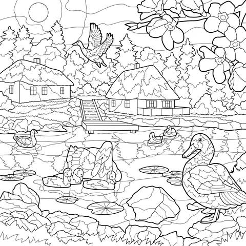 Springtime rural pond scene