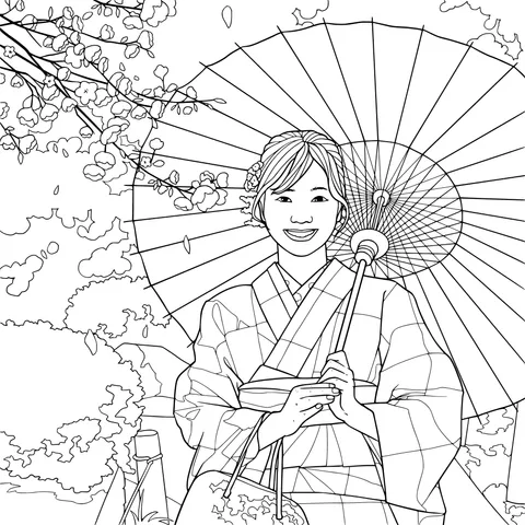 Woman in Kimono Holding an Umbrella