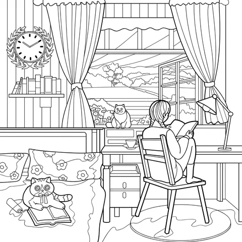 Girl reading leisurely by the window in the room