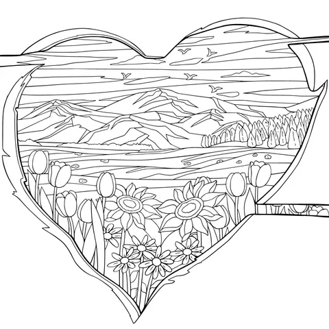 Rural scenery in a heart - shaped frame