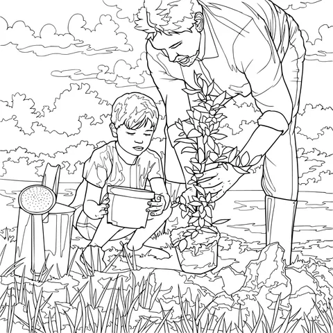 Father and son planting a tree together