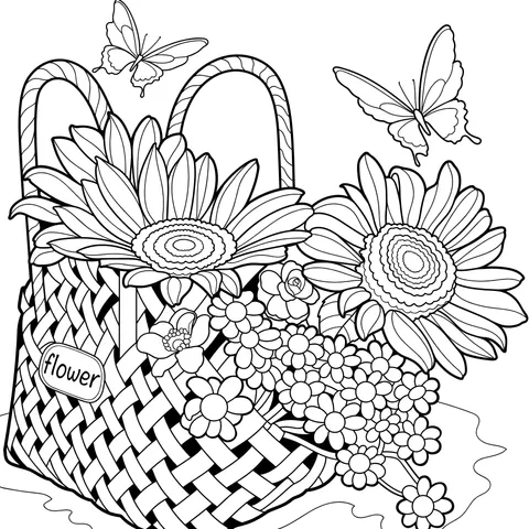 Basket Filled with Flowers and Butterflies