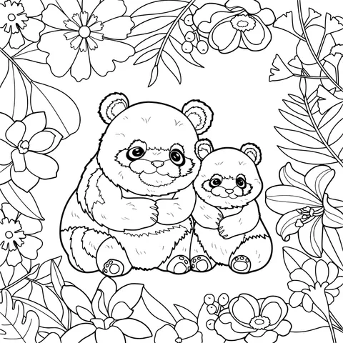 Panda mother and cub in the flowers