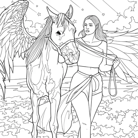 Woman with wings and a pegasus