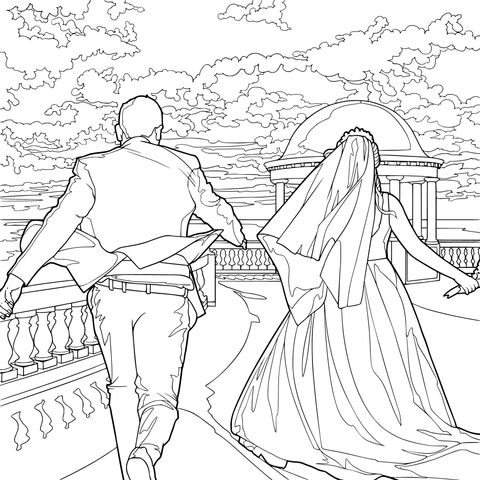新婚夫妇携手奔跑