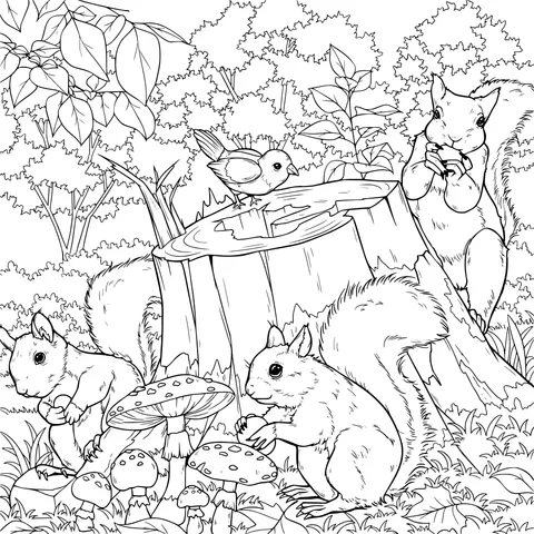 Squirrels and a Bird in the Forest