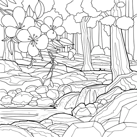 Stream and blooming flowers in the forest