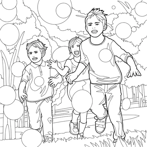 Children chasing bubbles outdoors