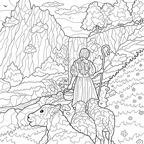 Shepherdess and Her Flock Walking in the Mountains