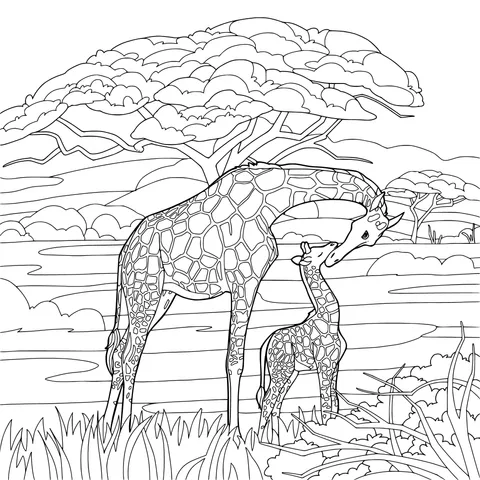 Mother - and - baby giraffes on the grassland
