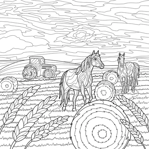 Horses and Tractor in a Rural Landscape