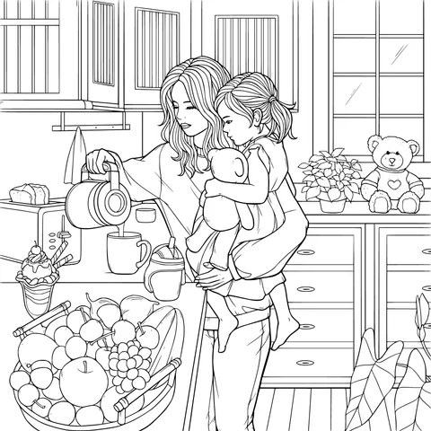 Mother holding a child in the kitchen