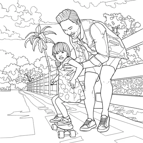 Father helping daughter play skateboard