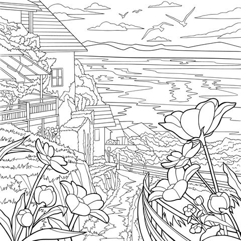 湖畔花径旁的小屋