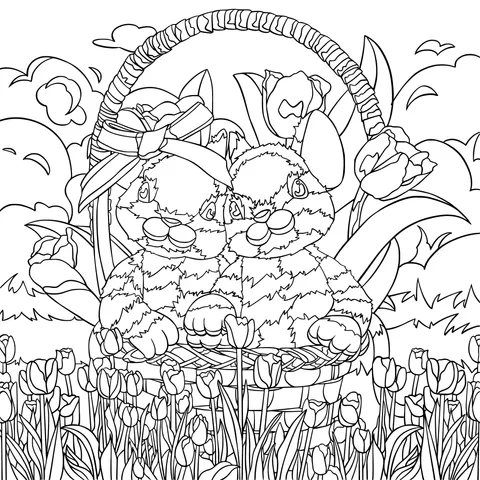 Two Rabbits in a Basket with Tulips