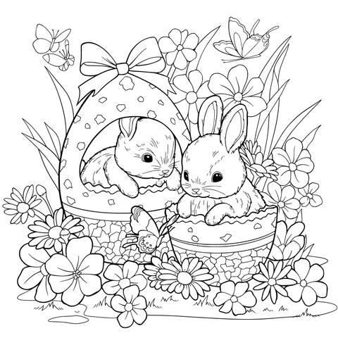 Little Rabbits in Easter Eggs and Butterflies in Flower Beds