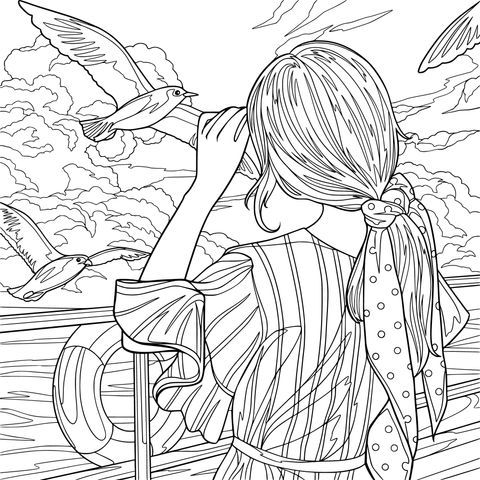女孩在船上赏海鸥