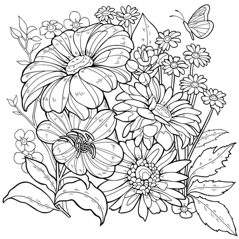Colorful Flowers and a Butterfly