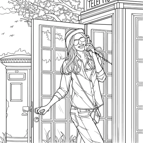 Woman making a call beside a red telephone booth