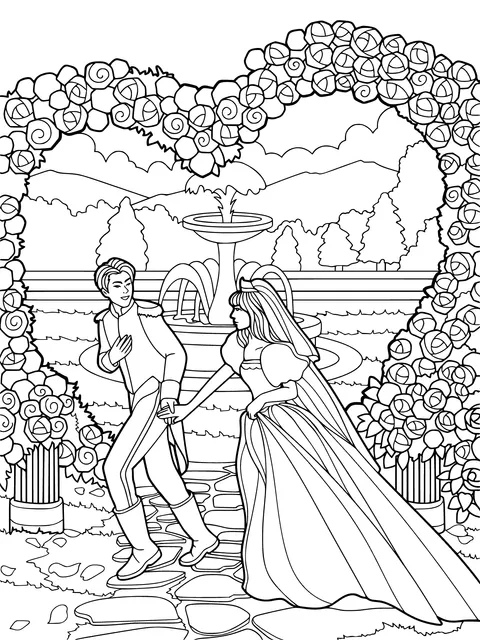 Princess and prince stroll in a romantic garden