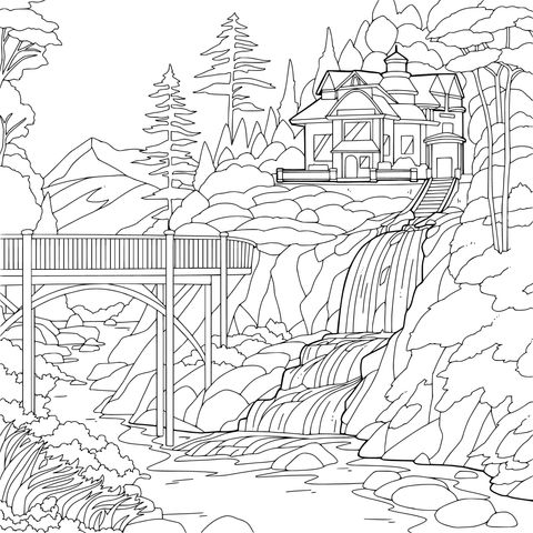 山间瀑布旁的小屋